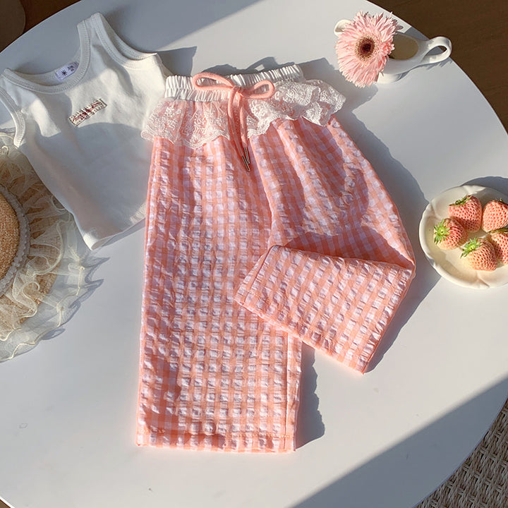 【90-150】ウエストレースギンガムチェックパンツ