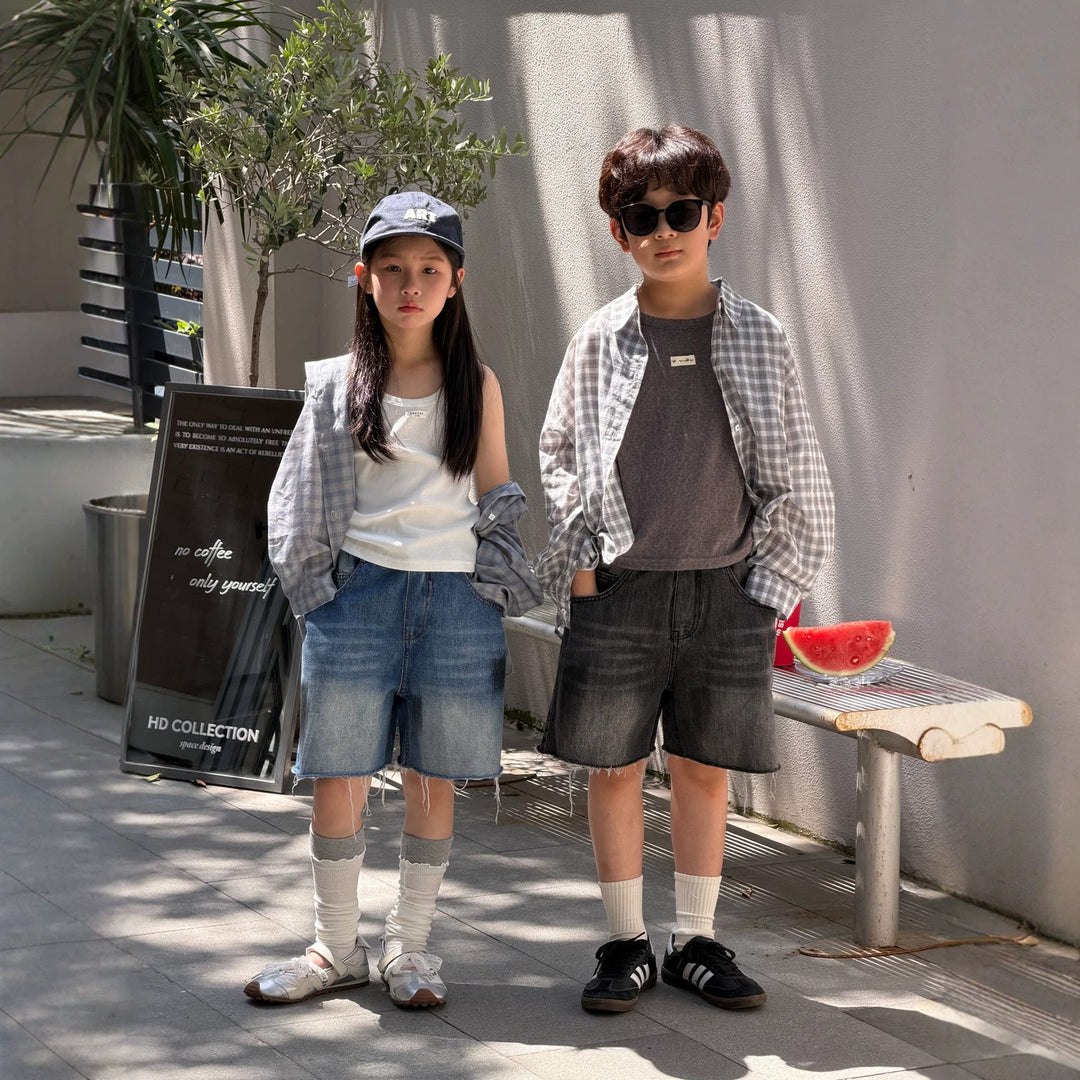 【100-150】カットオフデザインハーフデニムパンツ