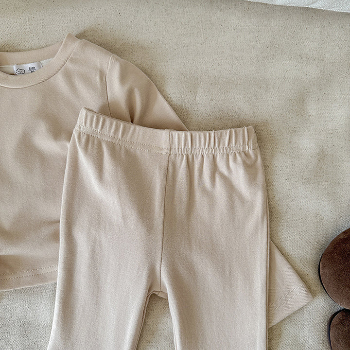 【90-140】ウエストシャーリングトップス×フレアパンツセット