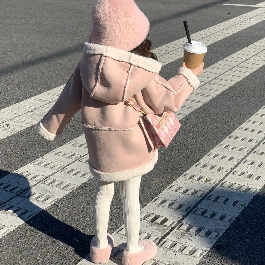 【90-140】フード付きカラーフェイクムートンショートコート