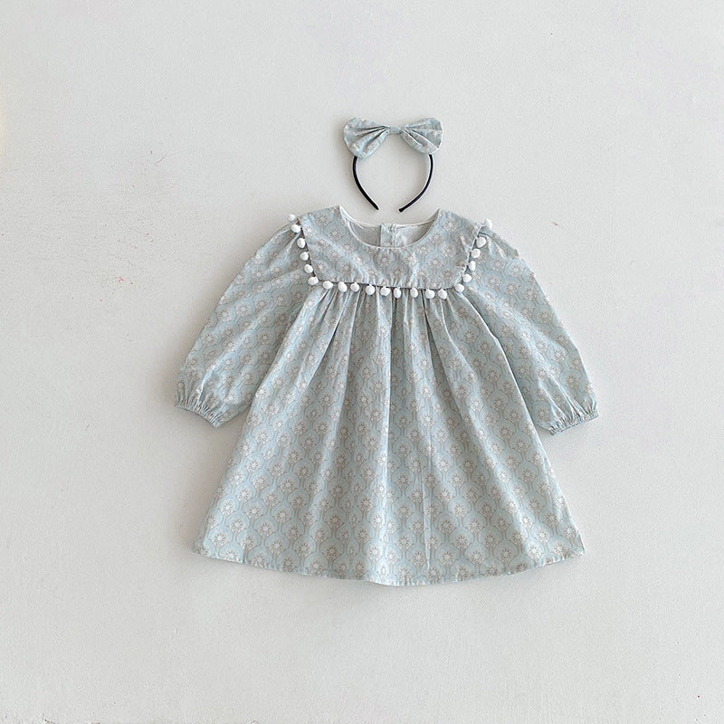 【90-140】ミニポンポンデザイン長袖ワンピース