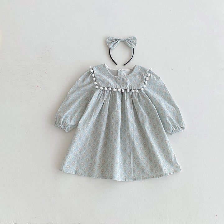 【90-140】ミニポンポンデザイン長袖ワンピース