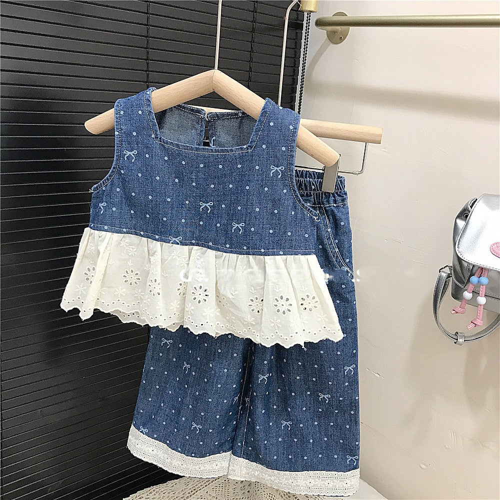 【90-140】リボン柄レースヘムデザインデニムセットアップ