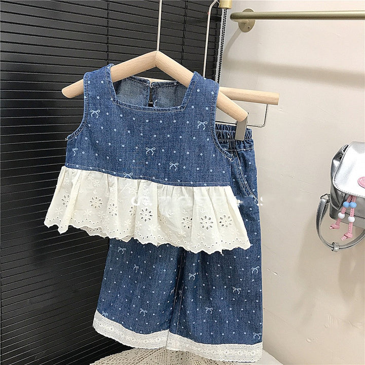 【90-140】リボン柄レースヘムデザインデニムセットアップ