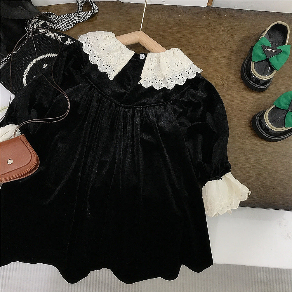 【90-140】レースデザイン長袖ワンピース