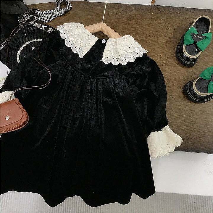 【90-140】レースデザイン長袖ワンピース