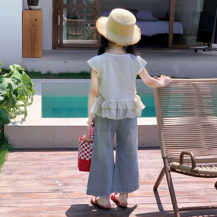 【90-140】ダメージ加工ラインストーンフレアデニムパンツ