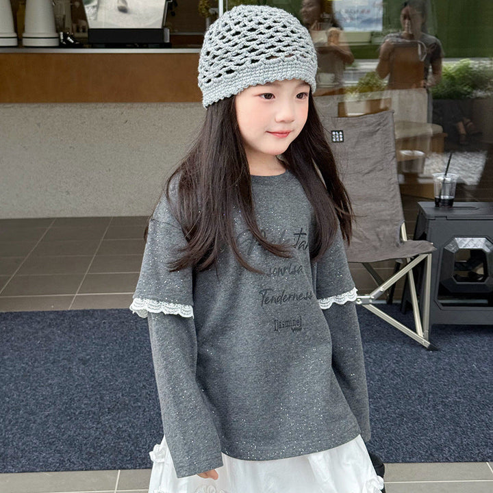 【90-150】レース＆ラメデザイン長袖トップス