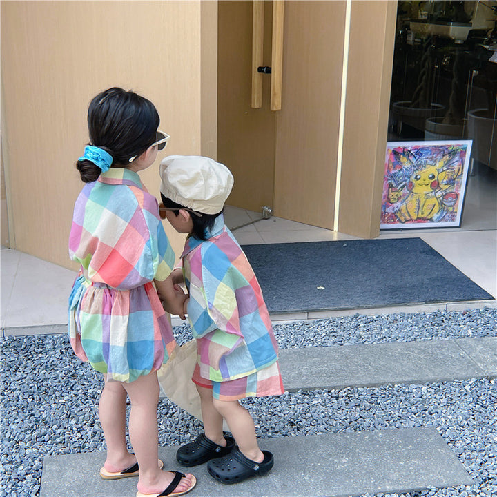 【90-140】カラフルチェックシャツセットアップ