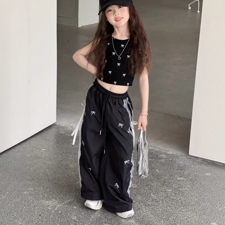 【100-150】レース＆リボンデザインロングパンツ