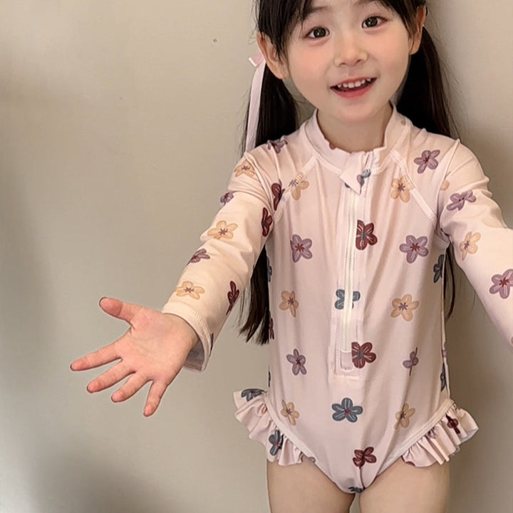 【90-140】花柄ロングスリーブスイムウェア