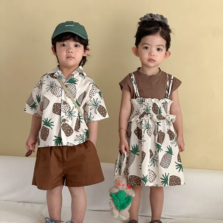 【80-150】パイナップル柄シャツ×ハーフパンツセット
