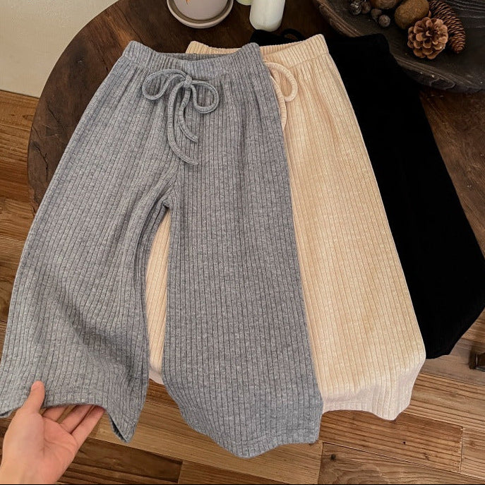 【90-140】ウエストリボンリブワイドパンツ