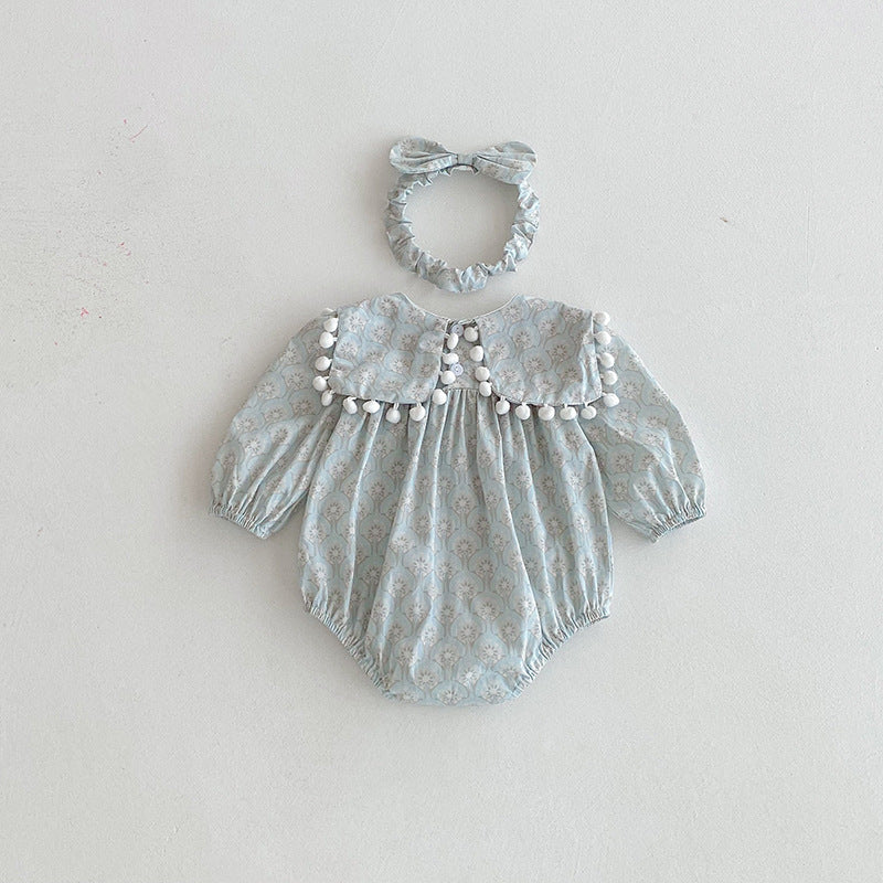 【73-90】ミニポンポンデザイン長袖ロンパース