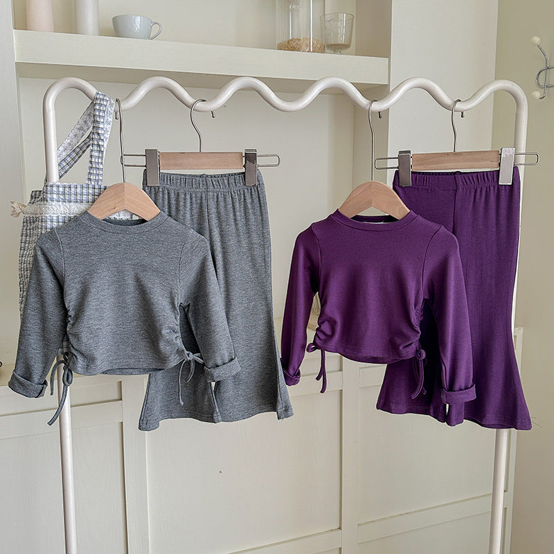 【90-140】ウエストシャーリングトップス×フレアパンツセット