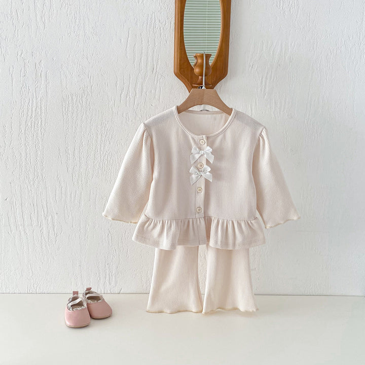 【80-130】フリルヘムカーデ×ロングパンツセット