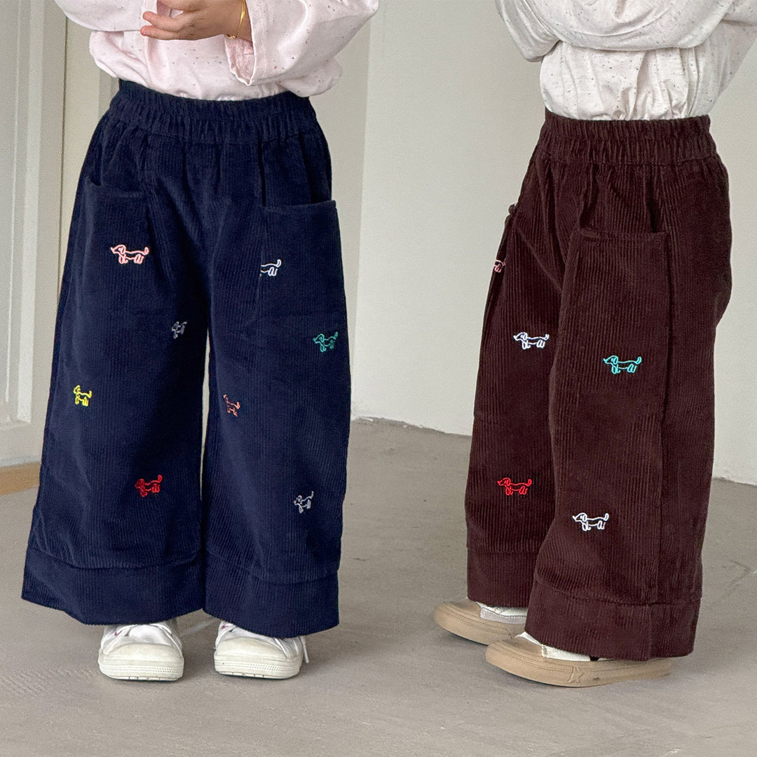 【80-150】ドッグ刺繍コーデュロイパンツ