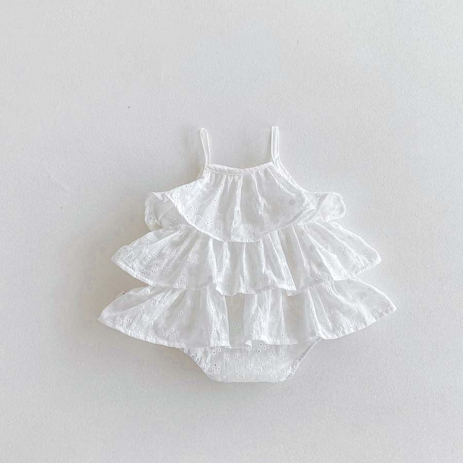【73-90】フラワー刺繍ティアードロンパース