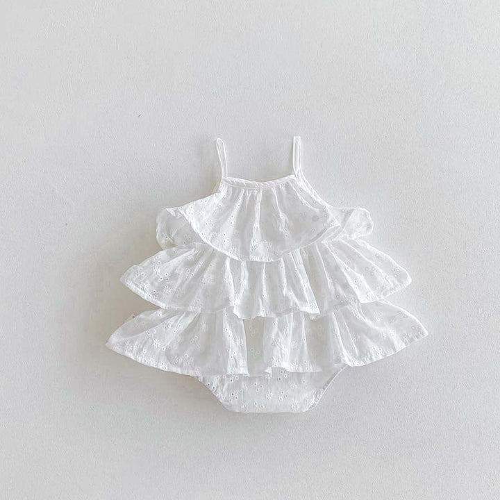 【73-90】フラワー刺繍ティアードロンパース
