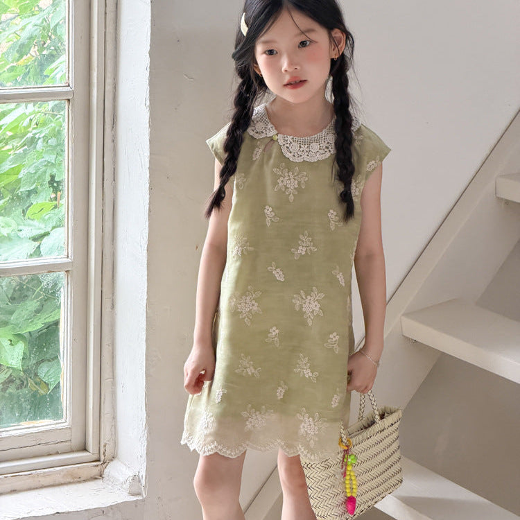 【100-150】レースカラー花柄刺繍ワンピース