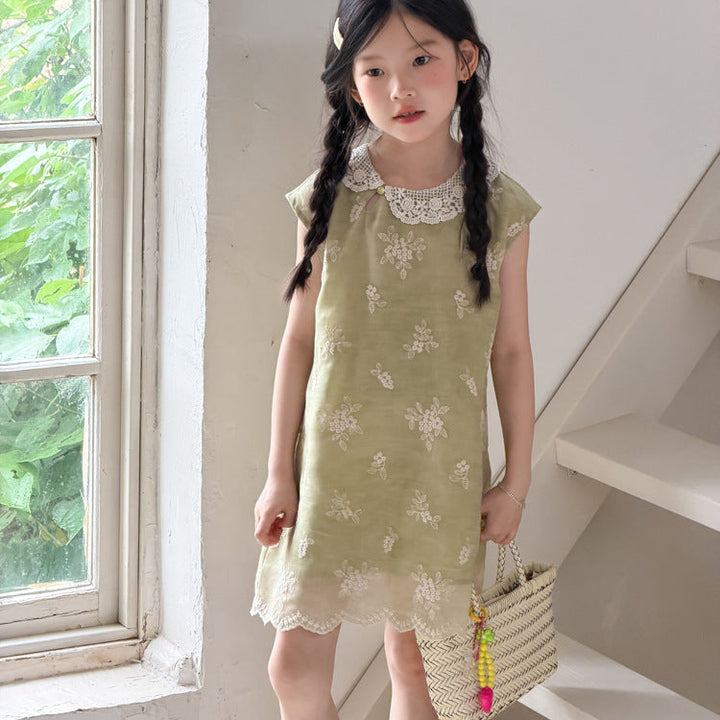【100-150】レースカラー花柄刺繍ワンピース