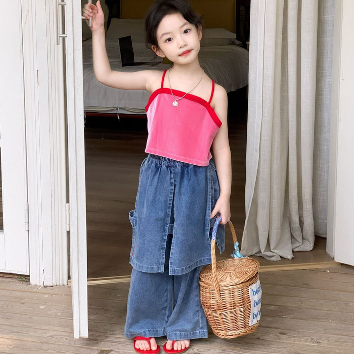 【90-140】スカートレイヤード風デニムパンツ