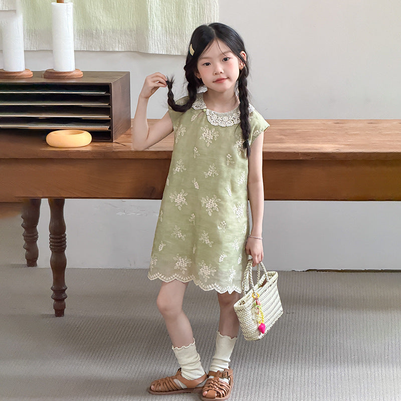【100-150】レースカラー花柄刺繍ワンピース
