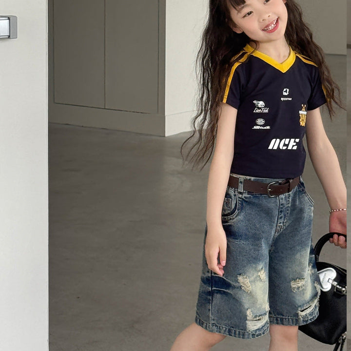 【100-150】ダメージ加工風ベルト付きハーフデニムパンツ