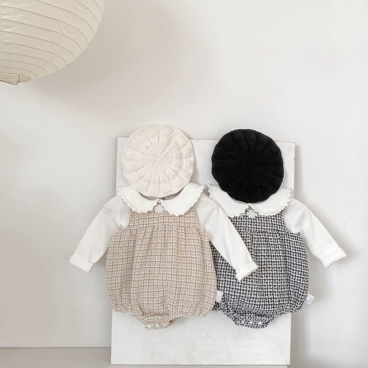 【73-90】フラワーモチーフチェック柄ロンパース