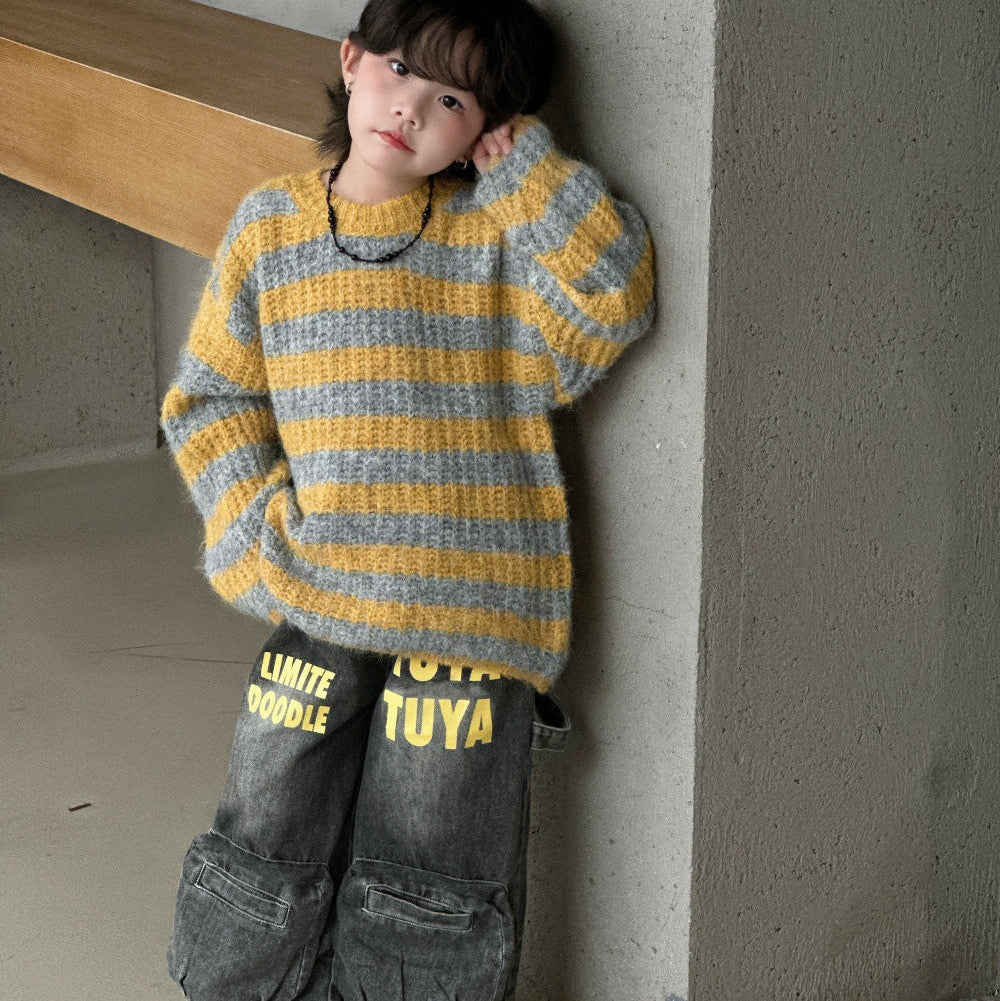 【90-150】ボーダー柄ニットプルオーバー