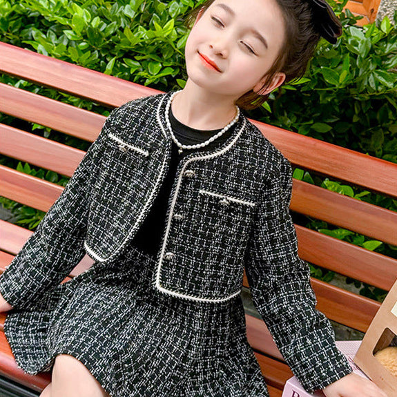 【90-140】ツイード風ジャケット×長袖ワンピースセット