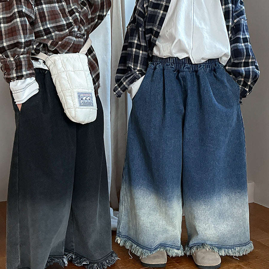 【80-140】カットオフデザインワイドデニムパンツ