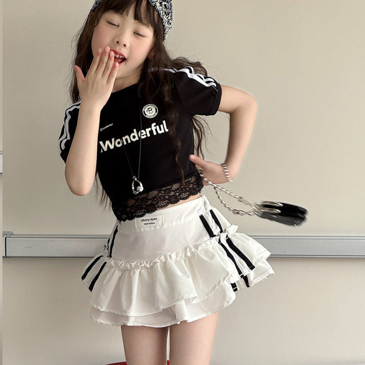 【100-150】レースヘムショート丈Tシャツ