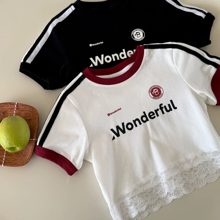 【100-150】レースヘムショート丈Tシャツ