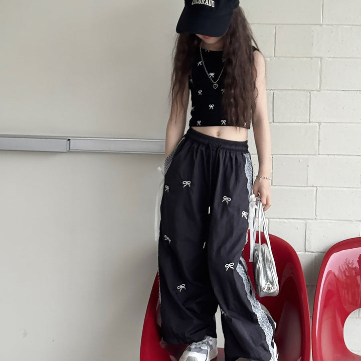 【100-150】レース＆リボンデザインロングパンツ