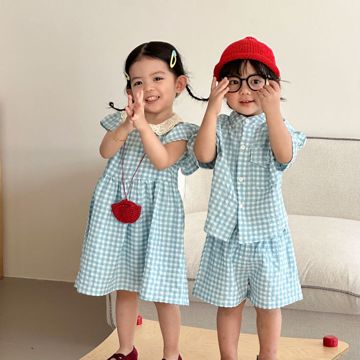 【80-150】レースカラーギンガムチェックワンピース