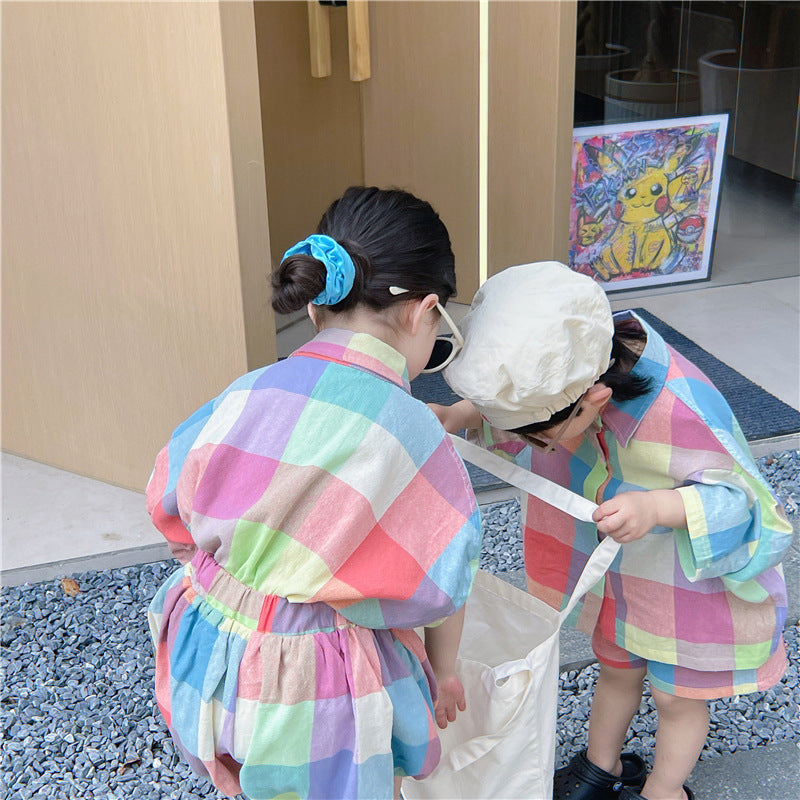 【90-140】カラフルチェックシャツセットアップ