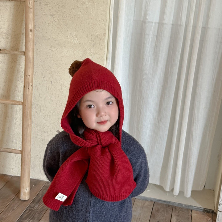 ポンポンフード付きマフラー