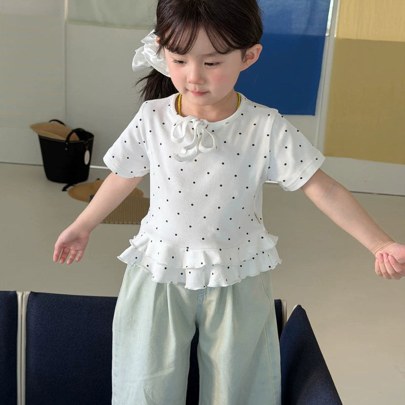 【90-140】リボン＆ドット柄Tシャツ