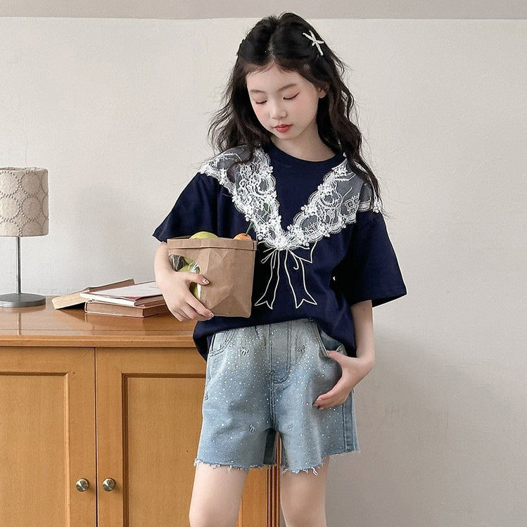 【120-150】レース＆リボンデザインTシャツ