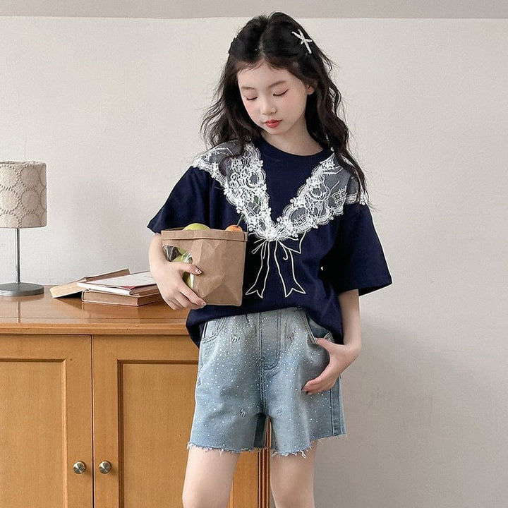 【120-150】レース＆リボンデザインTシャツ