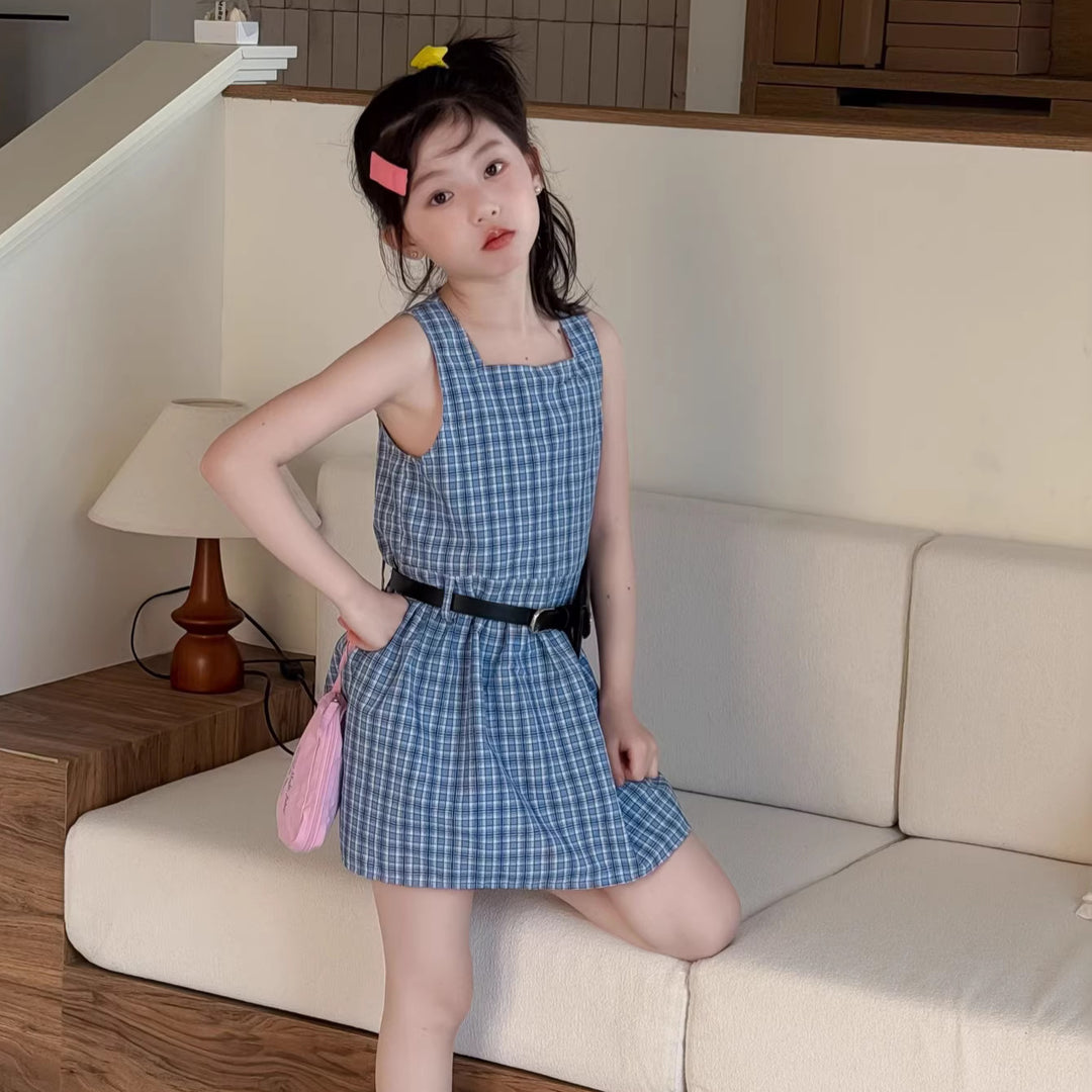 【100-150】チェック柄ノースリーブミニワンピース