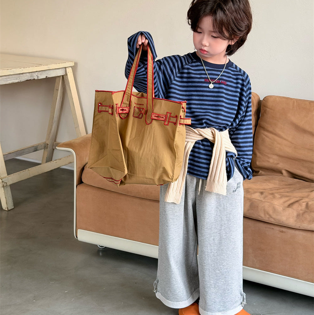 【90-150】ボーダーミニ英字ロゴ長袖Tシャツ