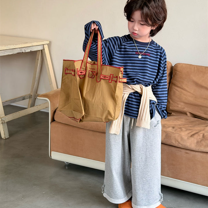 【90-150】ボーダーミニ英字ロゴ長袖Tシャツ