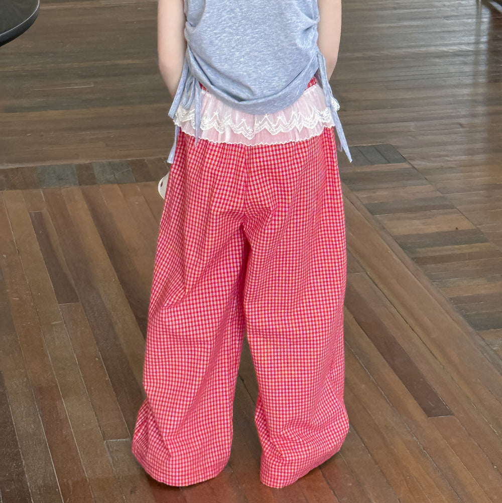 【90-150】ウエストレースギンガムチェックロングパンツ