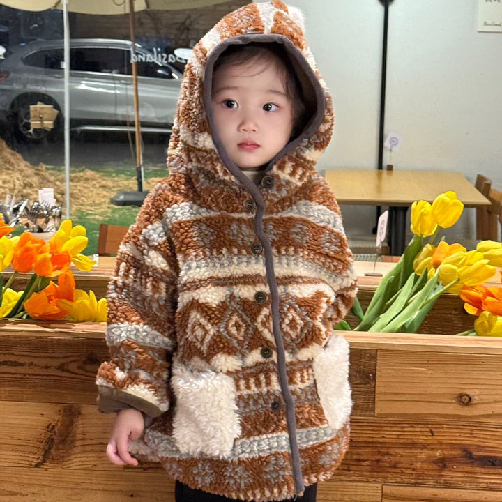 【90-140】ポンポン付きパターンプリントショートコート