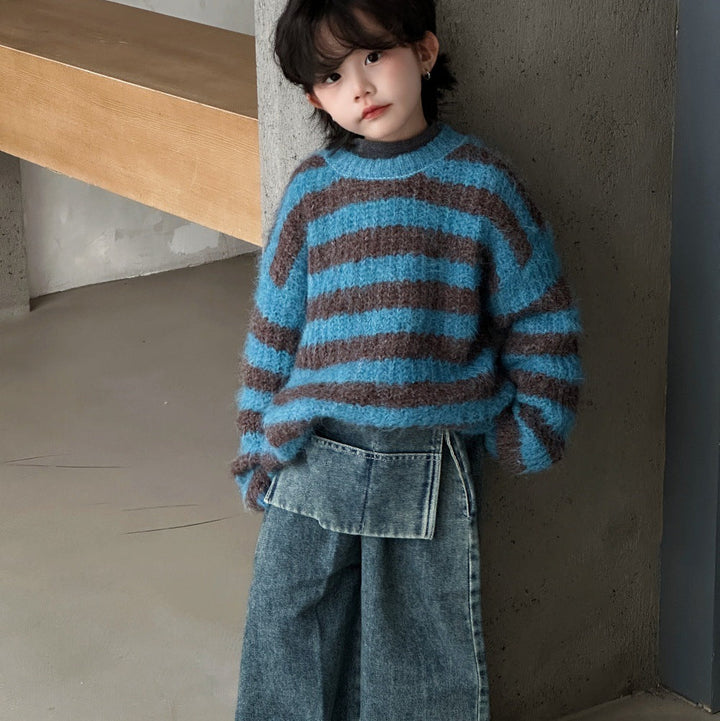 【90-150】ボーダー柄ニットプルオーバー