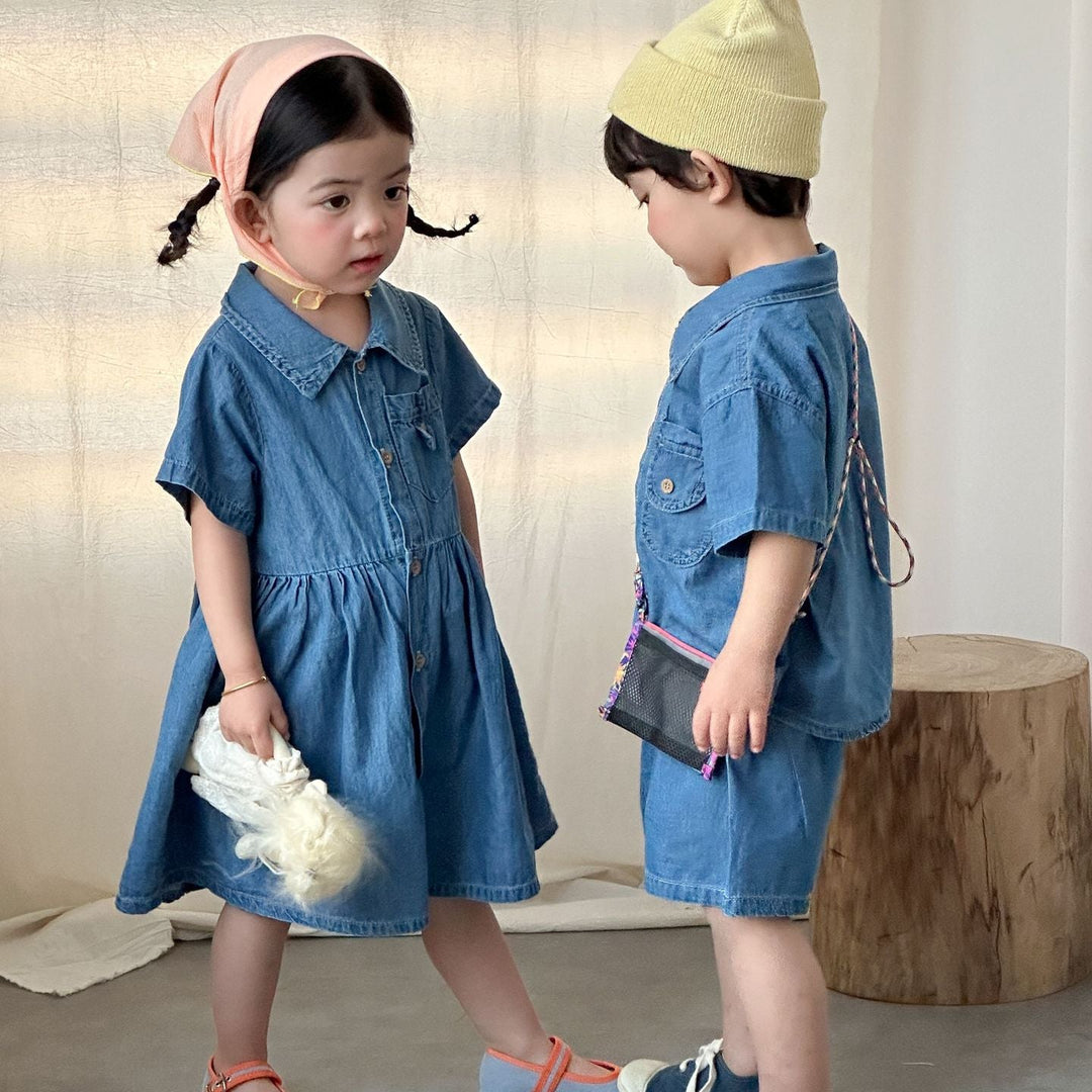 【80-150】半袖デニムシャツワンピース