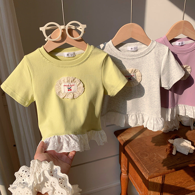 【90-140】ワンポイントワッペンレースヘムTシャツ