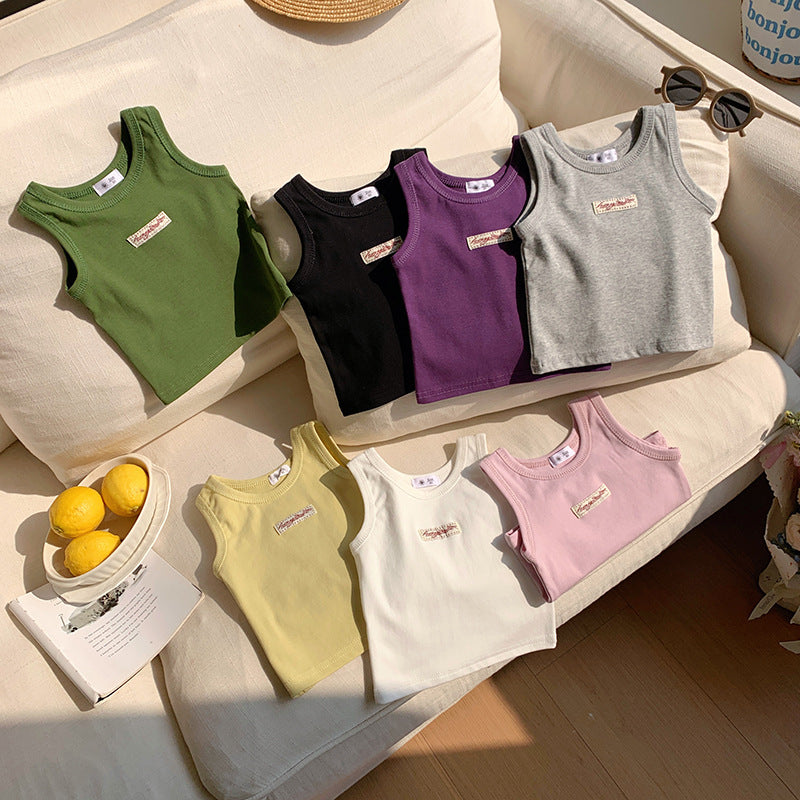 【90-150】ワンポイントワッペンノースリーブトップス